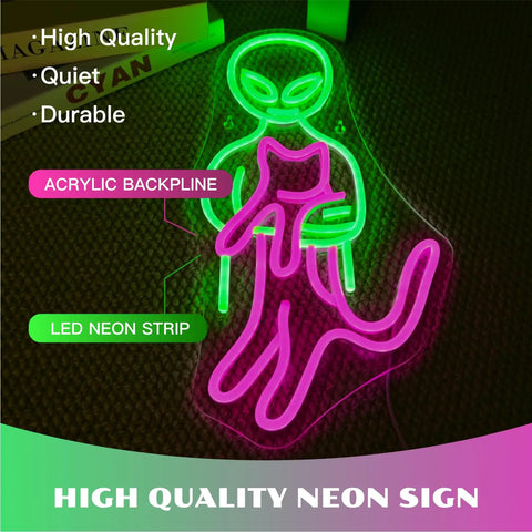 Alien-themed LED neon sign with acrylic back, green face, pink body, "High Quality" text, ideal for decor and parties.