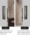Concealed Edge Pull Pocket Door Lock With Privacy Function For Recessed Sliding Doors Fits Doors With Thickness From One And A Half To Nearly Two Inches Matte Black Rectangle Mortise Lock And Hidden Pull Handle For Seamless Operation shown in indoor and outdoor settings.