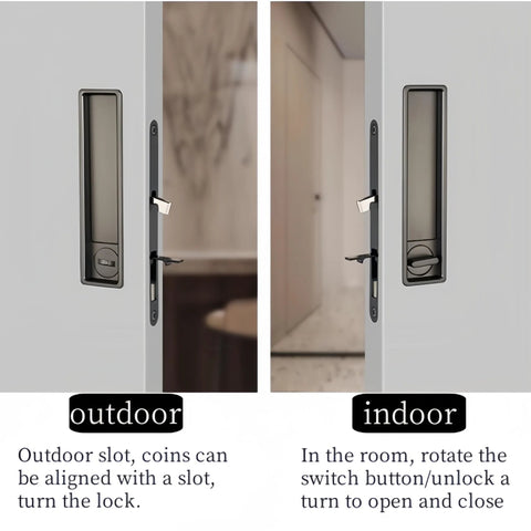 Concealed Edge Pull Pocket Door Lock With Privacy Function For Recessed Sliding Doors Fits Doors With Thickness From One And A Half To Nearly Two Inches Matte Black Rectangle Mortise Lock And Hidden Pull Handle For Seamless Operation shown in indoor and outdoor settings.
