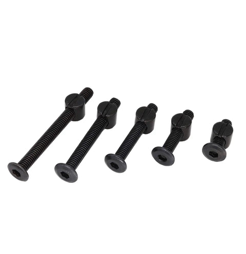 Built Different M6 Hex Socket Cap Bolts And Slotted Barrel Nuts Assortment Kit For Crib Cot Bed Furniture Hardware Screw Replacements With No Sweat Setup In Classic Black Finish, showing five sizes of black socket cap bolts.