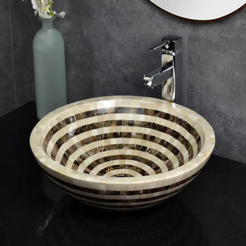 SDVantage Round Countertop Basin Sink Bowl,Ceramic Vessel Washbasin for Lavatory Bathroom with unique striped design.