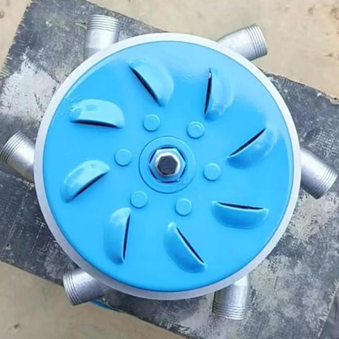 Top view of a blue 3kW 110V To 230V hydroelectric water turbine generator with six nozzles for outdoor use.