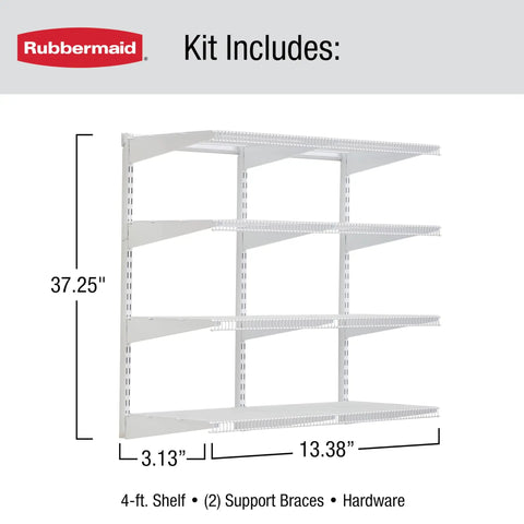 36 Inch Pantry Shelf System With Direct Wall Mount, 4 White Wire Shelves And Mounting Hardware Included dimensions and contents.