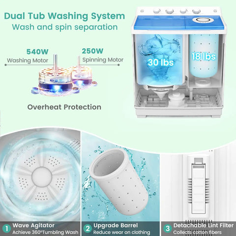 Image of Dual Tub Portable Washing Machine With 30 Lb Wash Barrel And 18 Lb Spinner Drain Pump showcasing controls and wash tub details.