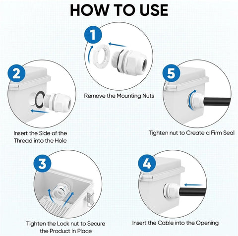 Installation steps for 20Pcs IP68 Waterproof Nylon Cable Gland Kit NPT Adjustable Cable Connector for outdoor panels