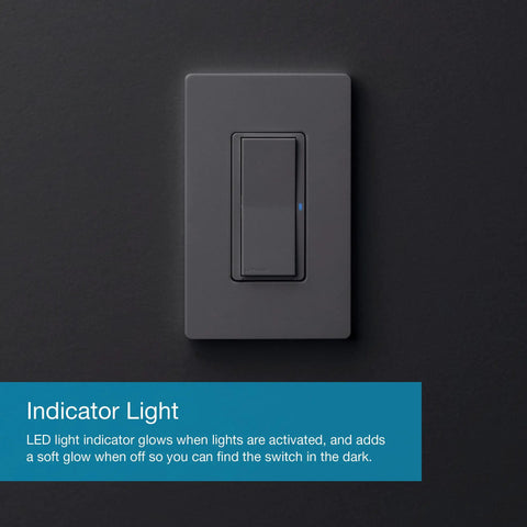 Claro Smart Light Switch With Wall Plate For Caseta Lighting 5 Amp Neutral Required on a dark wall with indicator light