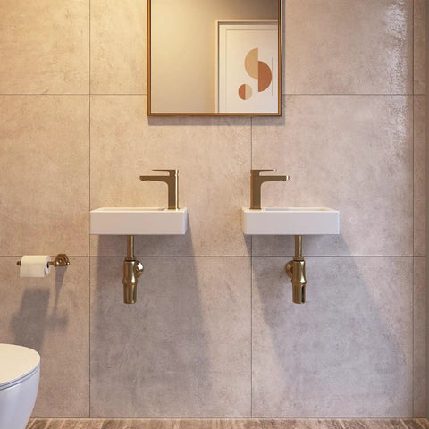 Wall Mounted Bathroom Sink 15x7 Inch Small Ceramic Rectangular Vessel Basin With Right Hand Faucet Hole Space Saving White Powder Room Fixture For Compact Bathrooms Modern Minimalist Design No Fuss Easy Install mounted on a tile wall
