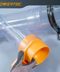 Clear Y Fitting For 4 Inch Dust Collection System With 4 Inch ID To 4 Inch OD Pipe Connections, shown installed