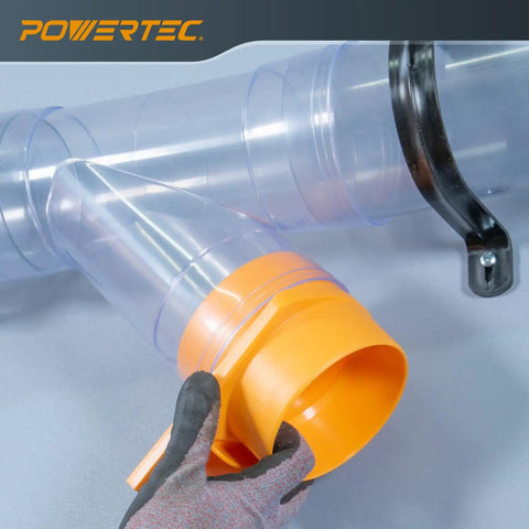 Clear Y Fitting For 4 Inch Dust Collection System With 4 Inch ID To 4 Inch OD Pipe Connections, shown installed