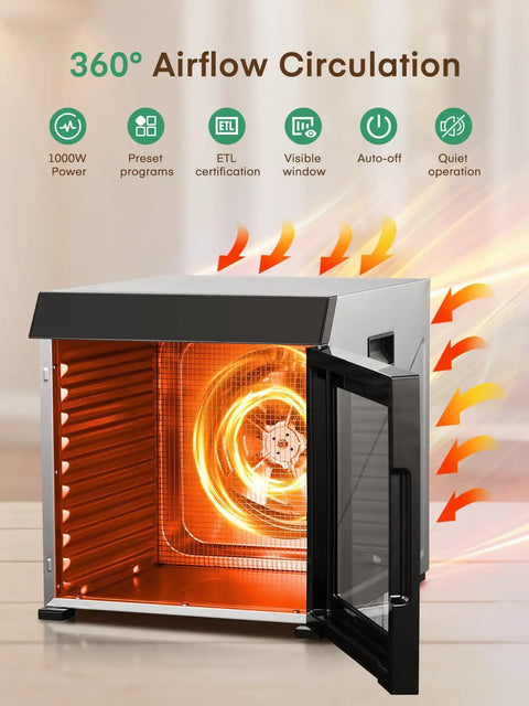 Pro Level Electric Food Dehydrator With Ten Roomy Stainless Trays For Big Batch Jerky And Crispy Fruit Snaps showing interior fan and heating.
