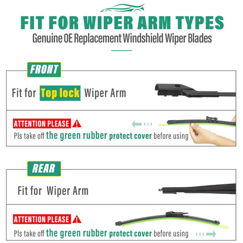 Fit for wiper arm types guide for Porsche Macan Wiper Blade Set 24 Inch Front, 20 Inch Front, 15 Inch Rear installation.