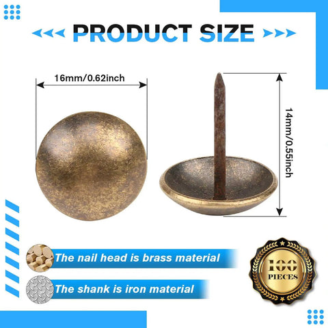 Top Shelf Antique Bronze Upholstery Tacks 16mm brass nail heads and 14mm iron shanks, perfect for furniture projects, 100 pack kit.