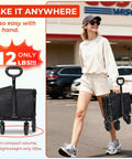 Woman carrying folded Foldable Tailgate Wagon Cart With Wheels Lightweight 12 Lb Utility Wagon for Garden, Grocery, Beach.