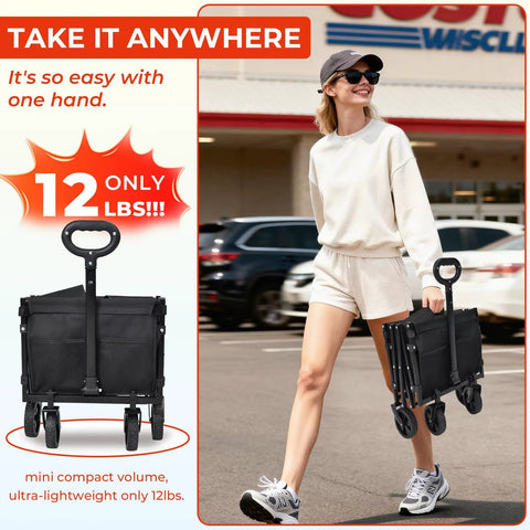 Woman carrying folded Foldable Tailgate Wagon Cart With Wheels Lightweight 12 Lb Utility Wagon for Garden, Grocery, Beach.