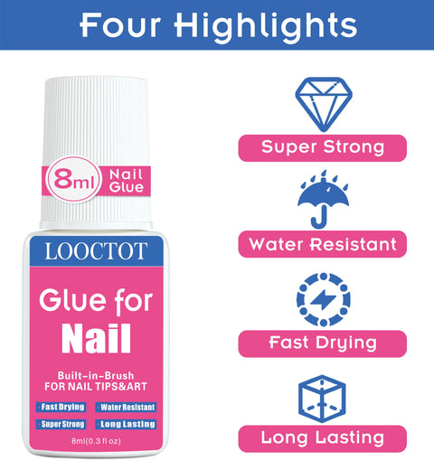 Ultra Fast Nail Glue For Nail Tips Acrylic Nails And Press On Nails With Built In Brush, 8ml, super strong, fast drying, waterproof.