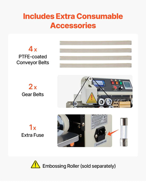 Continuous Bag Sealer Machine With Adjustable Temp And Speed accessories, PTFE belts, gear belts, and fuse shown