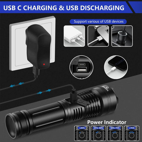 Ultra Bright 100000 Lumen Rechargeable LED Flashlight Handheld Spotlight for Outdoors Waterproof Long Lasting Emergency Torch USB-C charging
