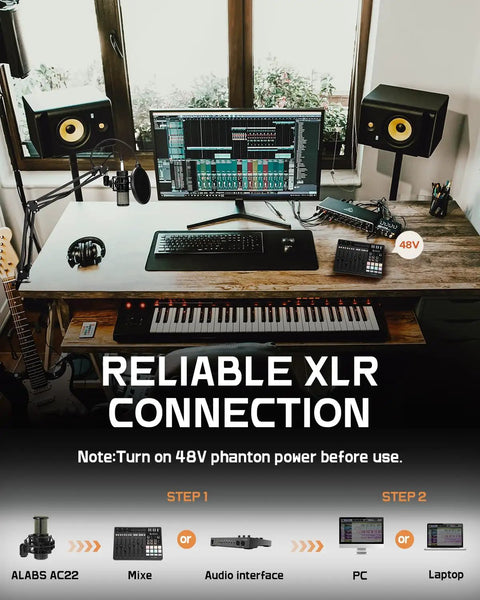 Home studio desk with XLR condenser microphone kit, speakers, keyboard, and monitor, showcasing reliable XLR connection setup.