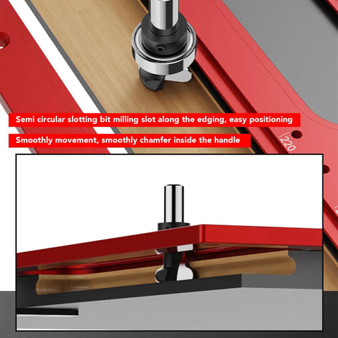 Zero Mess Cabinet Door Flush Mount Template Aluminum Alloy Slotting Guide Set Includes Semi Circular Router Bit in operation.