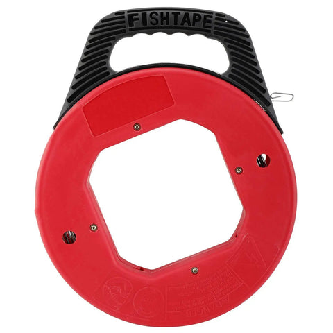 250 Ft Electrician Fish Tape Reel With Spring Steel Fishtape 1 Eighth Inch Cable Pulling Line, red reel with black handle