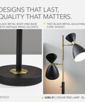 86 Inch Tall Tree Floor Lamp With Dual Adjustable Lights In Black And Antique Brass, base and double cone shades closeup