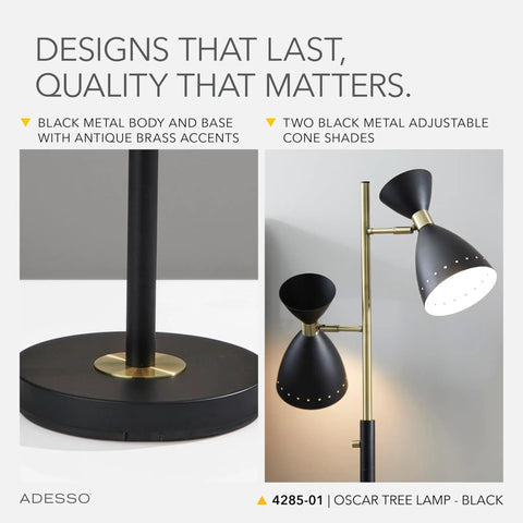 86 Inch Tall Tree Floor Lamp With Dual Adjustable Lights In Black And Antique Brass, base and double cone shades closeup