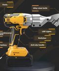 Heavy Duty Cordless Metal Shears Cuts Through Iron Like Butter Ripping Steel Fast Pro Grade photo showing 360 pivoting head and anti-slip handle.