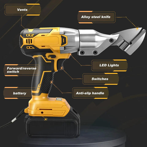 Heavy Duty Cordless Metal Shears Cuts Through Iron Like Butter Ripping Steel Fast Pro Grade photo showing 360 pivoting head and anti-slip handle.