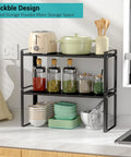 Stack Your Pantry Goods Without A Sweat, 2 Pack Expandable Cabinet Organizer Shelves, adjustable black metal kitchen rack with jars and dishes.