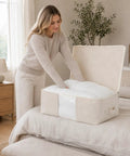 Badass Cotton Canvas Comforter Storage Bags Featuring A Safe Double Zipper And Solid Carrying Handles With A Clear View Window holding pillows.
