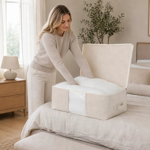 Badass Cotton Canvas Comforter Storage Bags Featuring A Safe Double Zipper And Solid Carrying Handles With A Clear View Window holding pillows.