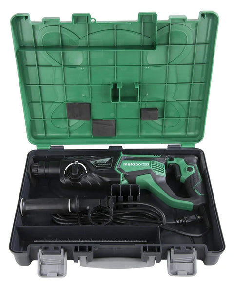 Hard Hitting Rotary Hammer Drill With SDS Plus, 1-Inch Chuck, 7.5 Amp Power displayed in open green case, Model DH26PF