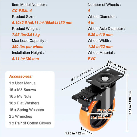 4 in PVC swivel plate caster with dual locking mechanism, labeled dimensions and specifications from 2 to 6 inch swivel plate caster set.