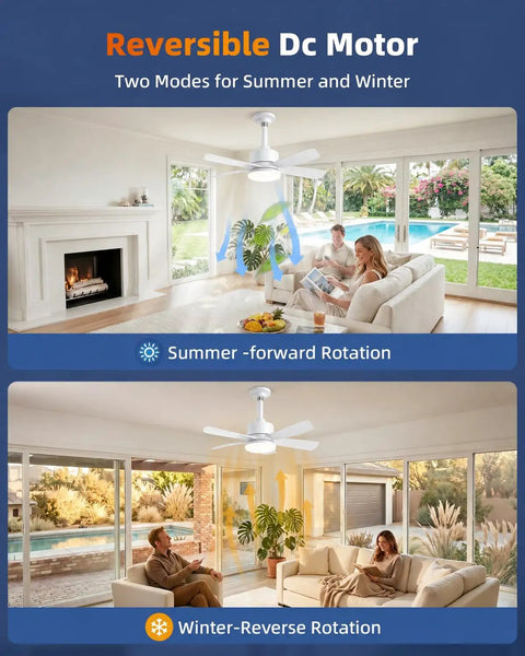 Upgraded 17 Inch Ceiling Fan With Integrated Light Kit And Wireless Remote Featuring Straight Up Quiet Dc Motor Reversible Airflow for summer and winter modes.