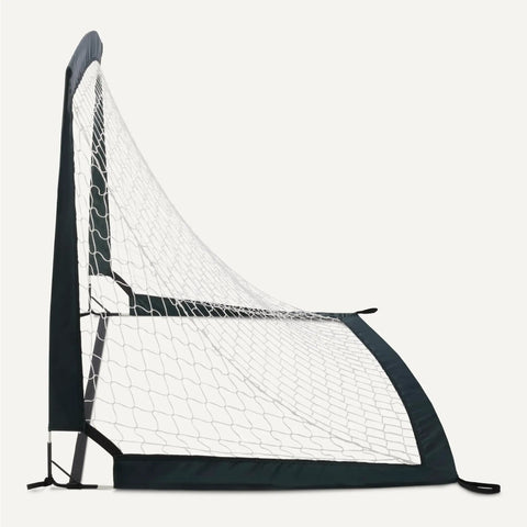 Side view of Portable Pop Up Soccer Goal Net Set For Backyard Practice 4 Foot By 3 Foot Pack Of 2 with durable fiberglass frame.