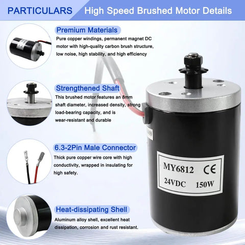 MY6812 24V 150W Electric Scooter Drive Motor With 9 Tooth 25H Sprocket Brushed DC Motor Calibrated 2750 RPM And 0.52 Nm Torque For Easy Replacement Or DIY Builds. Black aluminum alloy brushed motor with shaft and connector