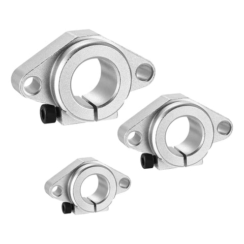 Three silver SHF16 aluminum alloy shaft clamp supports for 12mm linear guides with flange mounting holes