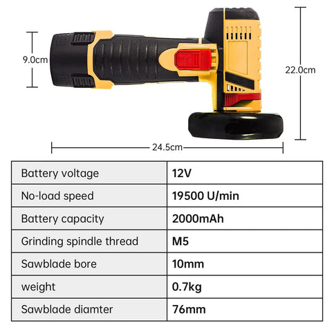 Side view of Cordless Mini Angle Grinder Tool With 19500 RPM Power, 76mm Cutting Disc, Dual Battery Pack, dimensions in cm shown