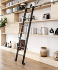 87 Inch Telescoping Aluminum Rolling Step Ladder With Four Foot Hook Track Kit Adjustable Heights 87 96 108 120 Inches 11 Inch Step Spacing 51 Inch Handrail on library shelves