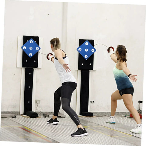 Two fencers using Pro Grade Double Sided Rubber Fencing Target for Training Hanging Wall Mounted Practice Tool.