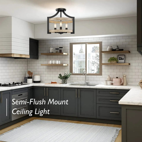 Versatile 3 Light Farmhouse Chandelier With Adjustable Height Pendant Or Semi Flush Mount Rustic Ceiling Light Fixture in kitchen