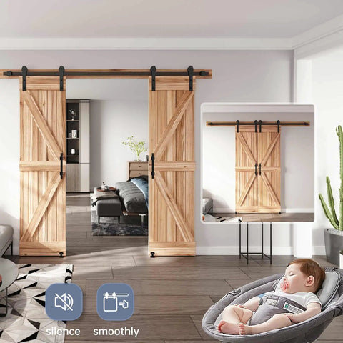 Rock Solid Eight Foot Double Sliding Barn Door Track Hardware Kit With Straight Pulley And Hella Smooth Quiet Rollers shown in modern living room.