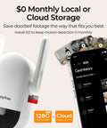 Wireless Doorbell Camera With Chime And Solar Assisted Battery, HDR Smart WiFi Video Doorbell shown with local and cloud storage options.