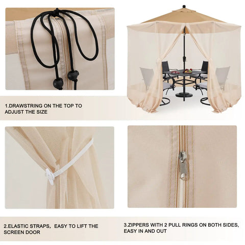 7.5 to 11 Foot Patio Umbrella Mosquito Netting, Polyester Screen Mesh with Zipper Door and Weight Bag in beige, installed