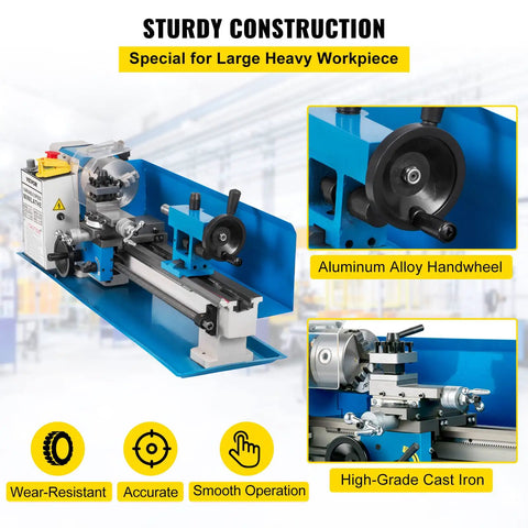 Rock Solid Compact Metal Lathe Seven By Fourteen Inch Bed with heavy cast iron frame and aluminum alloy handwheel for machining.