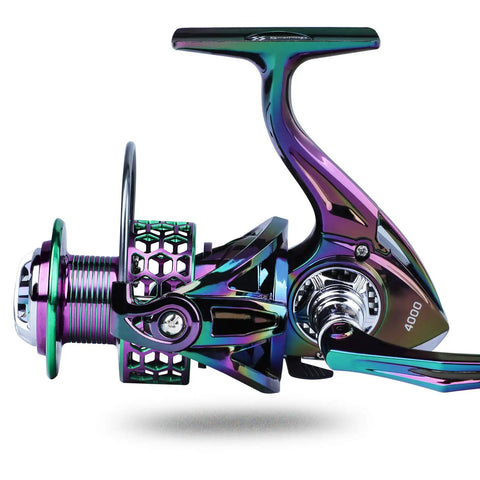 Lightweight Aluminum Spinning Reel with Ultra Smooth Action and 13 Plus 1 Ball Bearings, side view, showing durable gear system