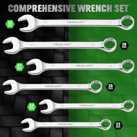 All Purpose Wrench Set With Rolling Pouch Metric And Standard Sizes 23mm 24mm 26mm 27mm 30mm 32mm Heat Treated CR-V Steel 12 Point Box End Wrenches Long Master Mechanic Pro Grade Tool Set For Garage And Home Use