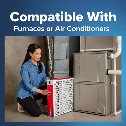 Person installing 20x25x4 Air Filter MERV 11 MPR 1000 Micro Allergen Defense in HVAC system, fitting Honeywell and Aprilaire units.