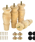 Six Inch Wood Furniture Feet Set Of Four Unfinished Replacement Legs For Chair Ottoman Cabinet Dresser Mid Century Modern Round Bun Style DIY Friendly Easy Install Pre Drilled For M8 Bolts with screws, nuts, and felt pads.