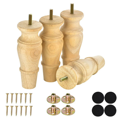 Six Inch Wood Furniture Feet Set Of Four Unfinished Replacement Legs For Chair Ottoman Cabinet Dresser Mid Century Modern Round Bun Style DIY Friendly Easy Install Pre Drilled For M8 Bolts with screws, nuts, and felt pads.